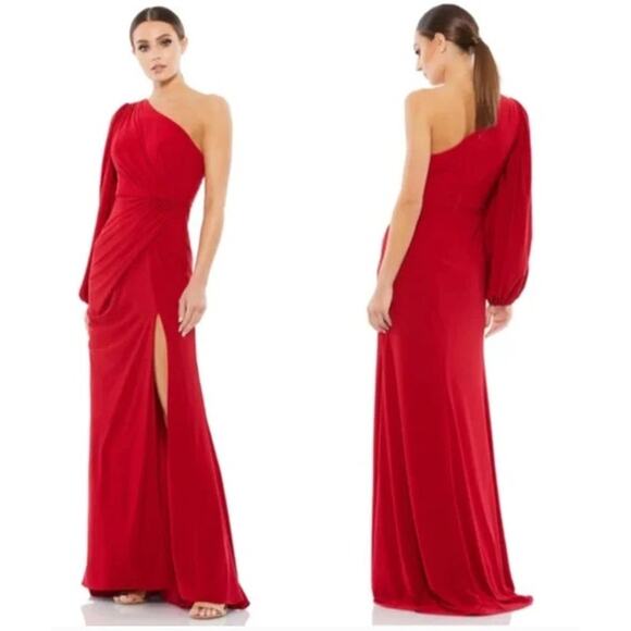 Mac Duggal 67879 Dress One Shoulder Long Sleeve Ruched Jersey Gown NWT 10 - Picture 1 of 10
